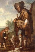 unknow artist A Blind man playing a hurdy-gurdy,together with a young boy playing the drums,with a dancing dog oil on canvas